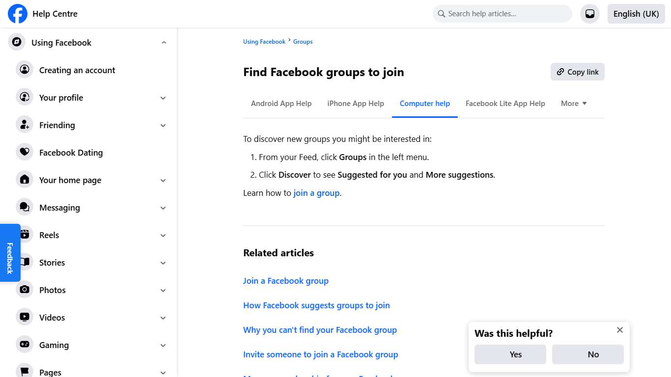 Find Facebook groups to join Facebook Help Centre